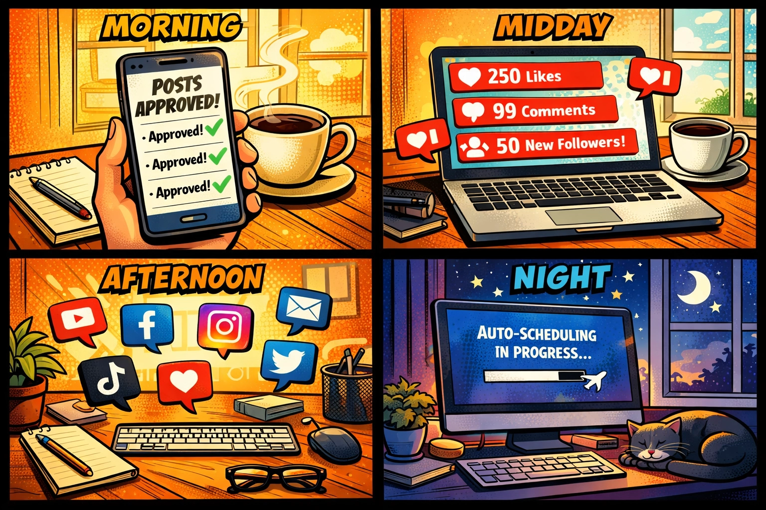 Daily timeline showing AI assistant automating social media content throughout the day