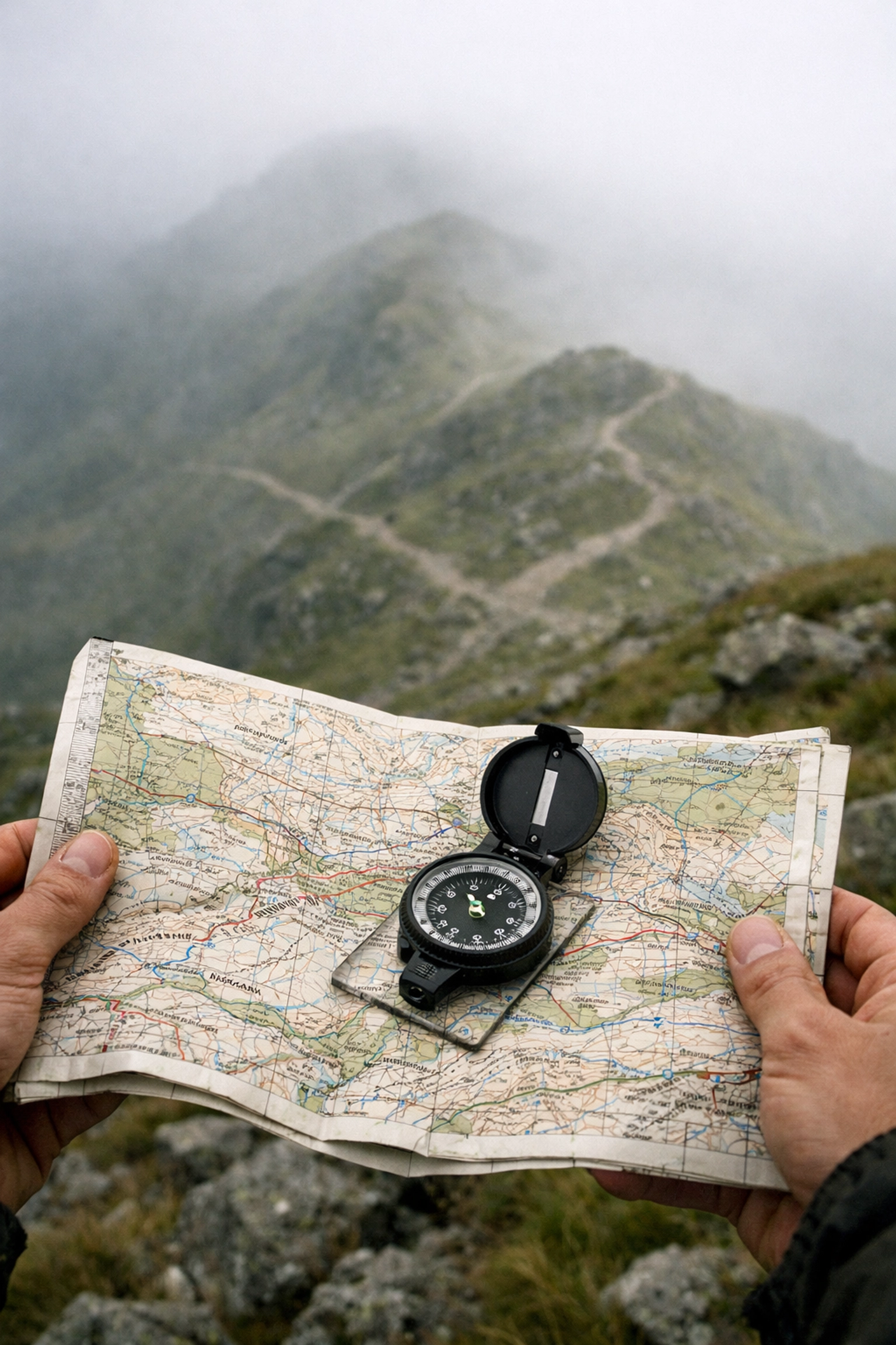 Hiker holding map and compass on misty UK mountain ridge with multiple trail paths
