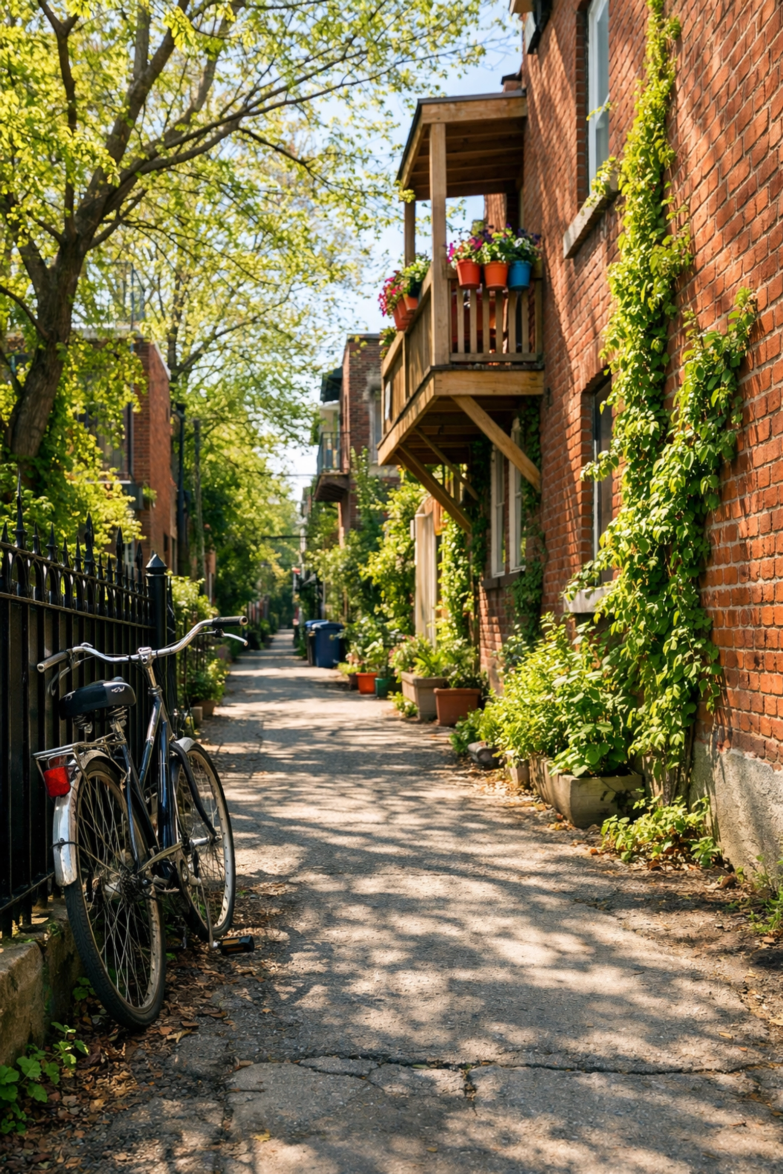A sun-drenched green alleyway in Montreal's Plateau neighborhood with a vintage bicycle and spring vines.