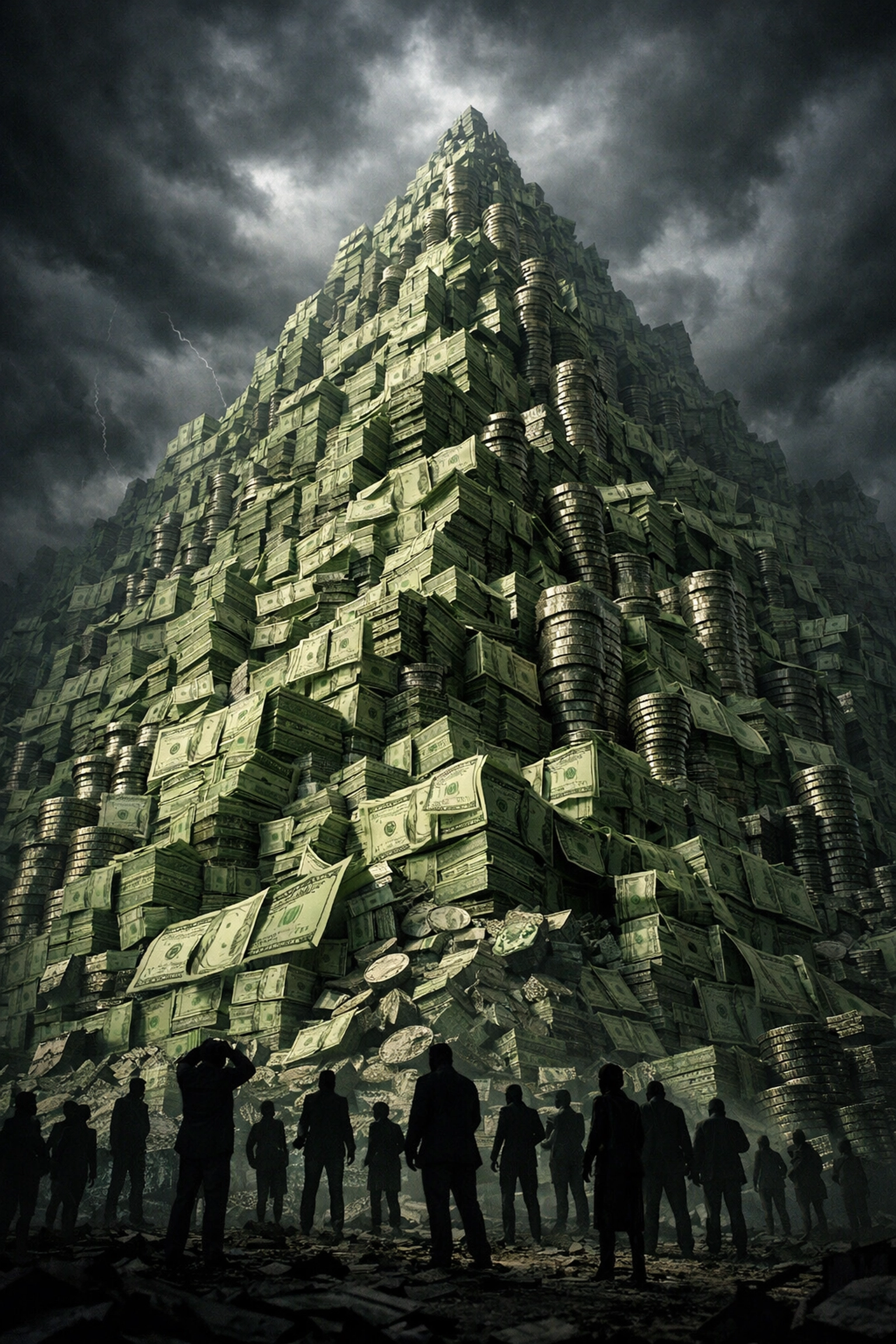 Mountain of dollar bills illustrating the $38 trillion federal debt towering over taxpayers