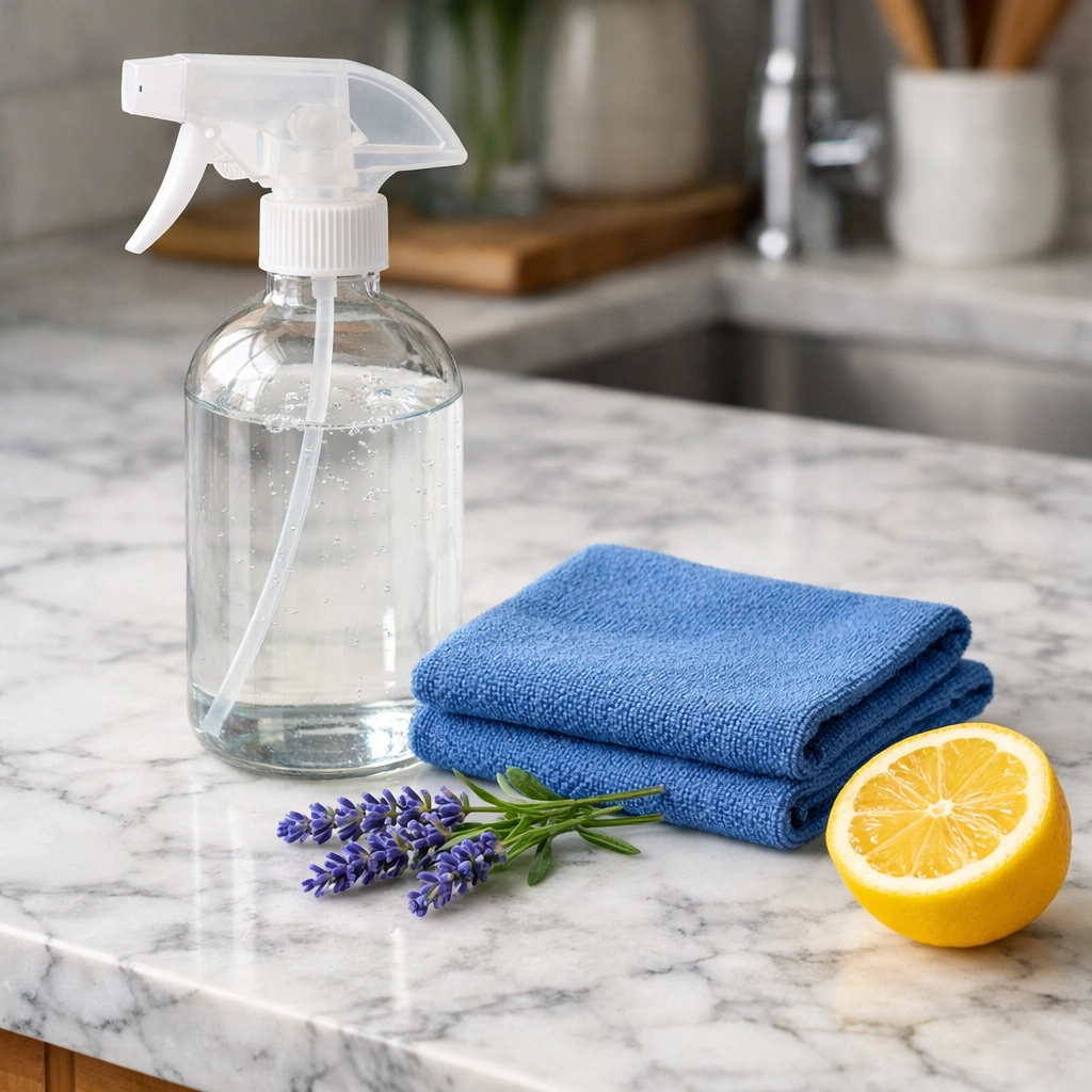 Eco-friendly residential cleaning Massachusetts products on a pristine Carrara marble kitchen countertop.
