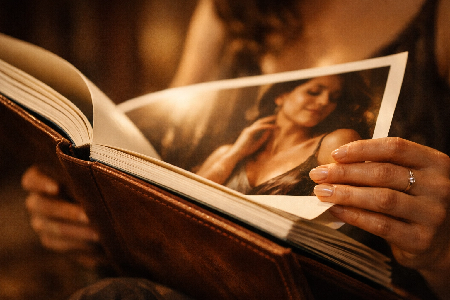 A woman holding a luxury leather-bound album from her empowerment photoshoot and boudoir photography session.