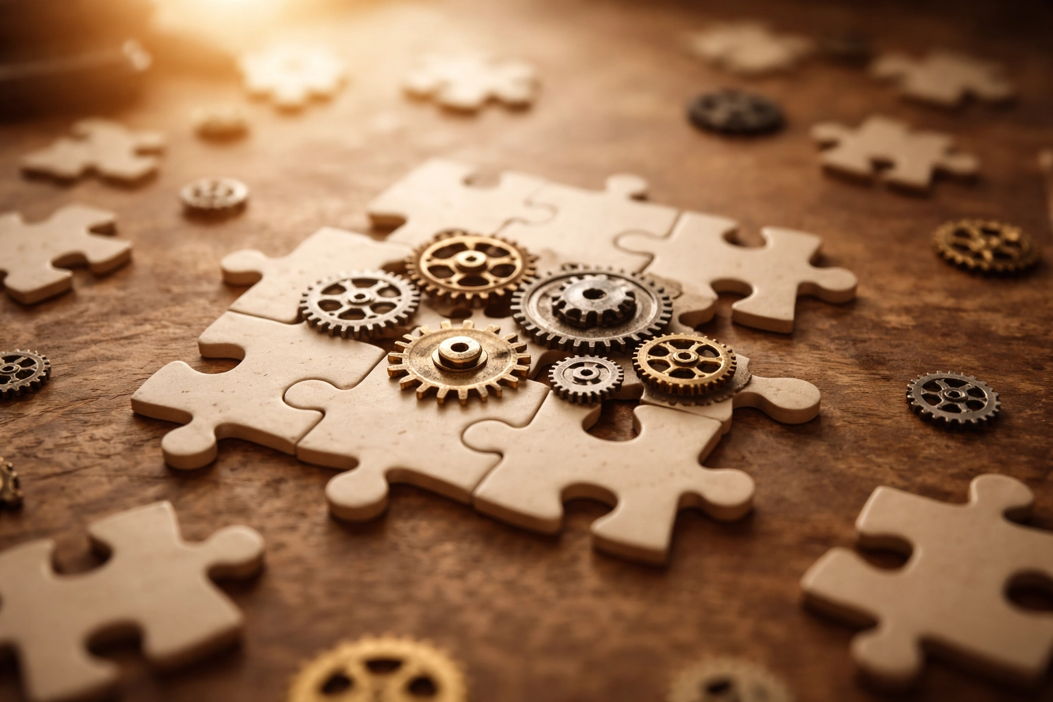 Összetett fogaskerekek és puzzle elemek asztalon, a merevedési zavar több tényezős hátterét szimbolizálva.