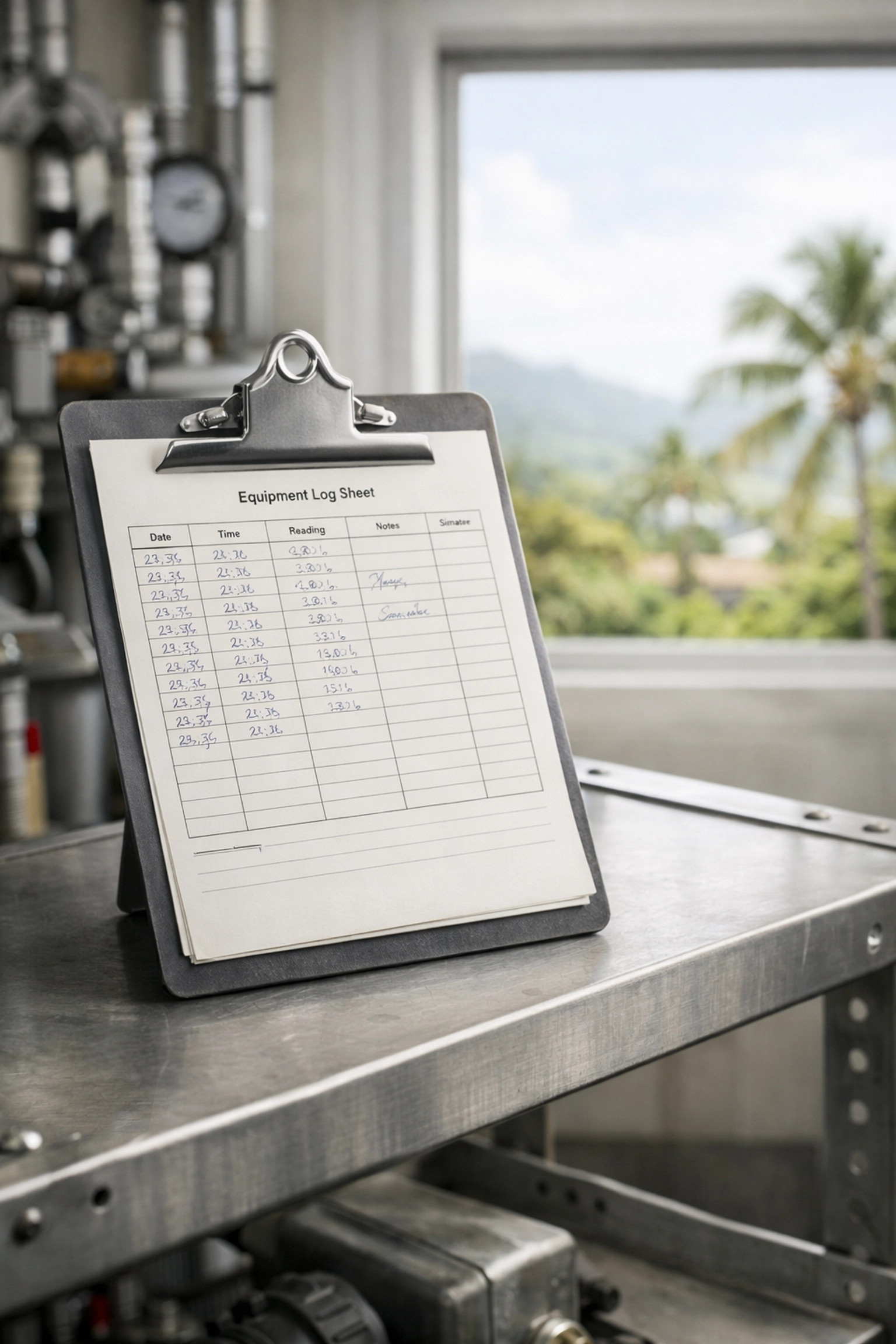 Manual paper HVAC logs on a clipboard in a Hawaii mechanical room representing reactive maintenance.
