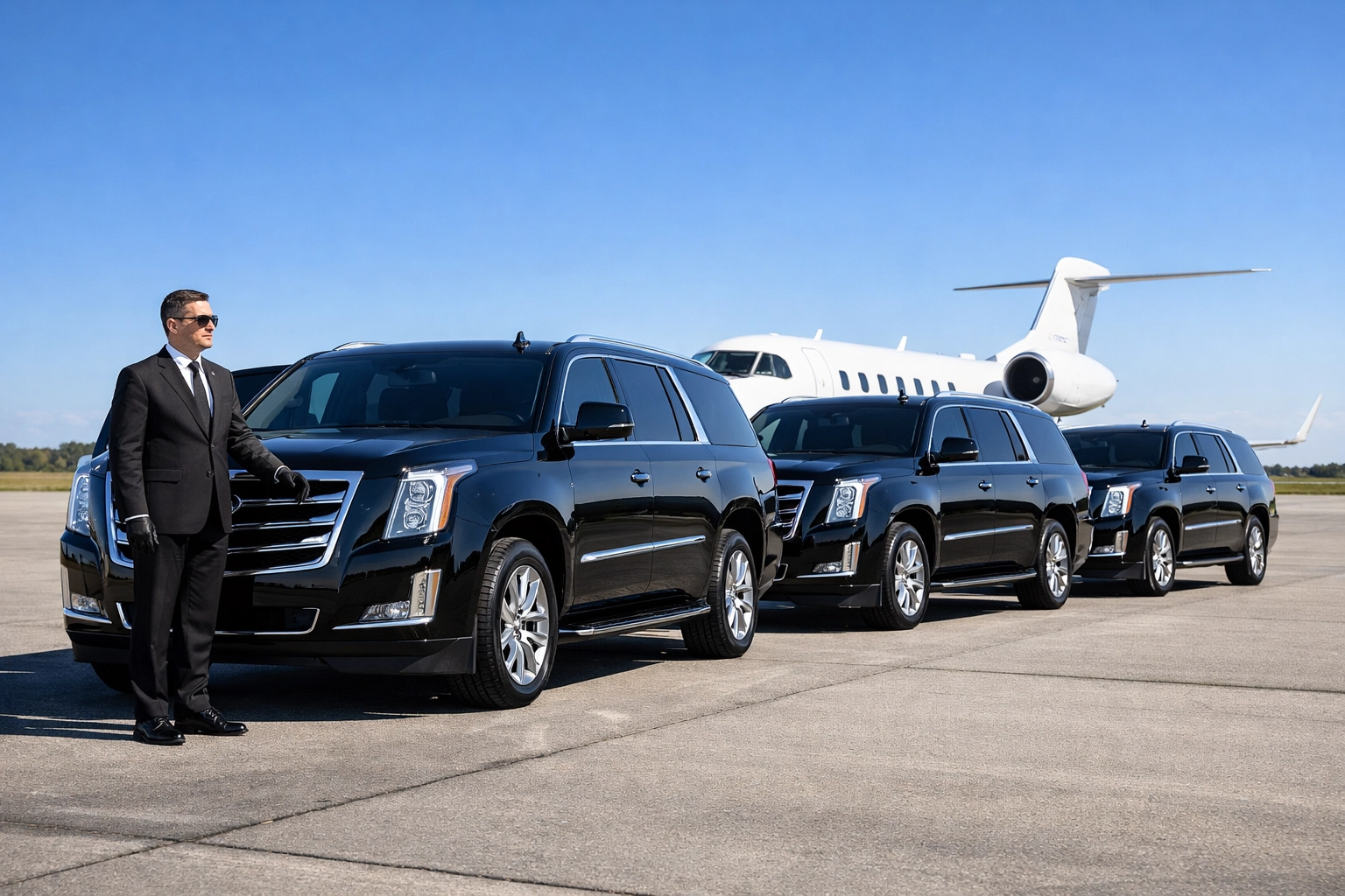 Luxury SUVs and a private jet providing seamless executive transportation for Super Bowl corporate travel.