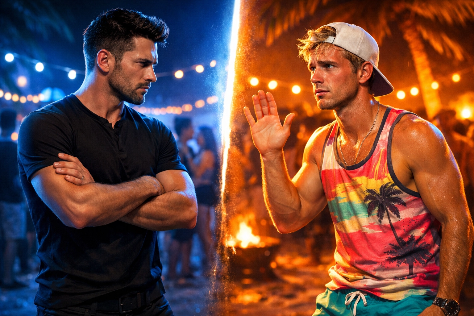 Noah and Will in heated confrontation showing MM romance conflict and tension in Fire Island