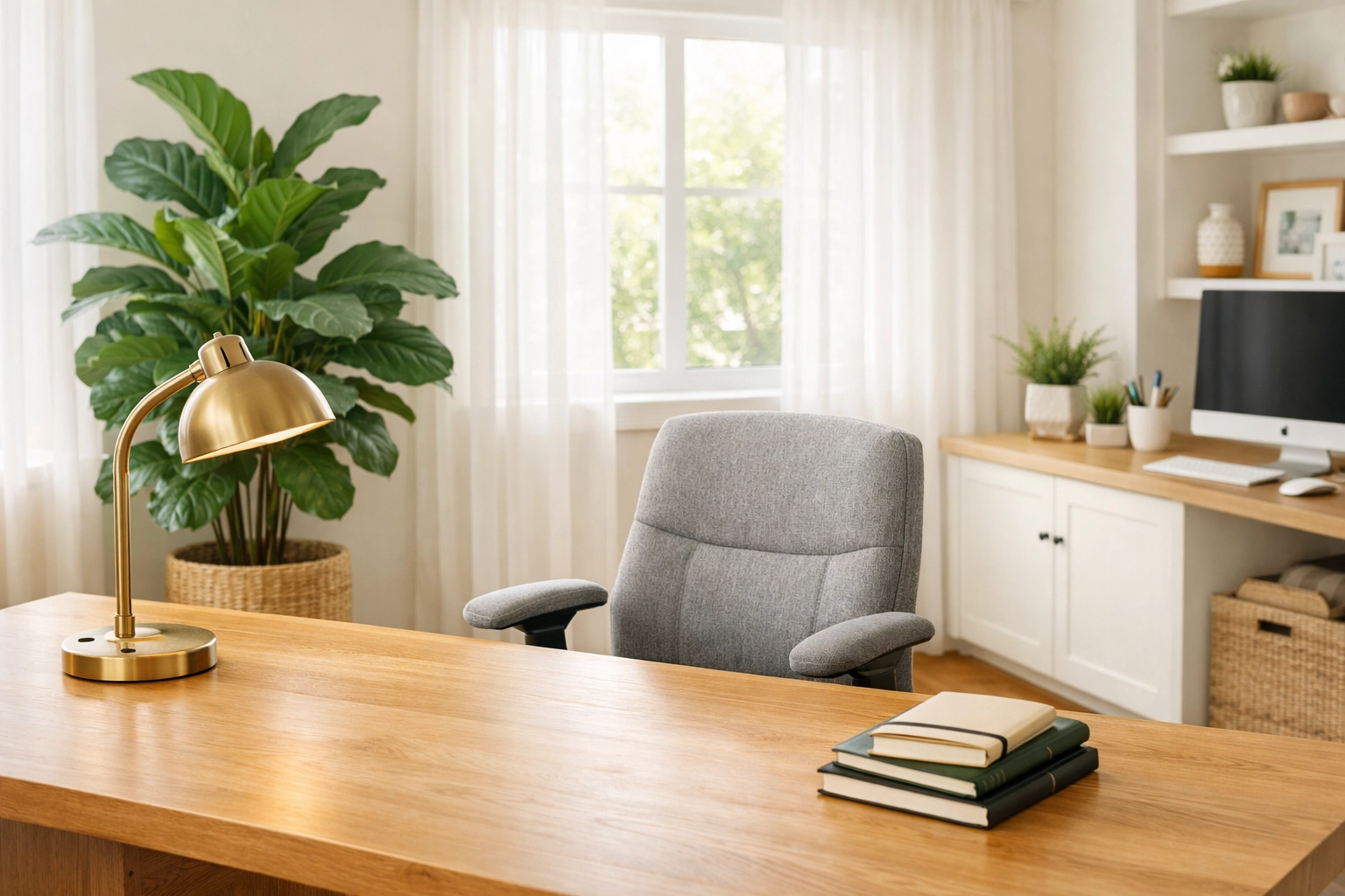 Organized professional workspace with a wood desk and plants, perfect for streamlining business operations.