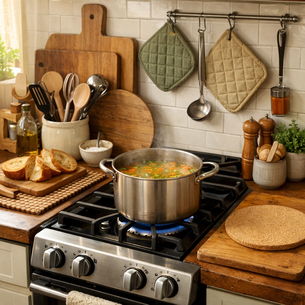 Organized cooking zone with stove, utensils, and counter space within easy reach