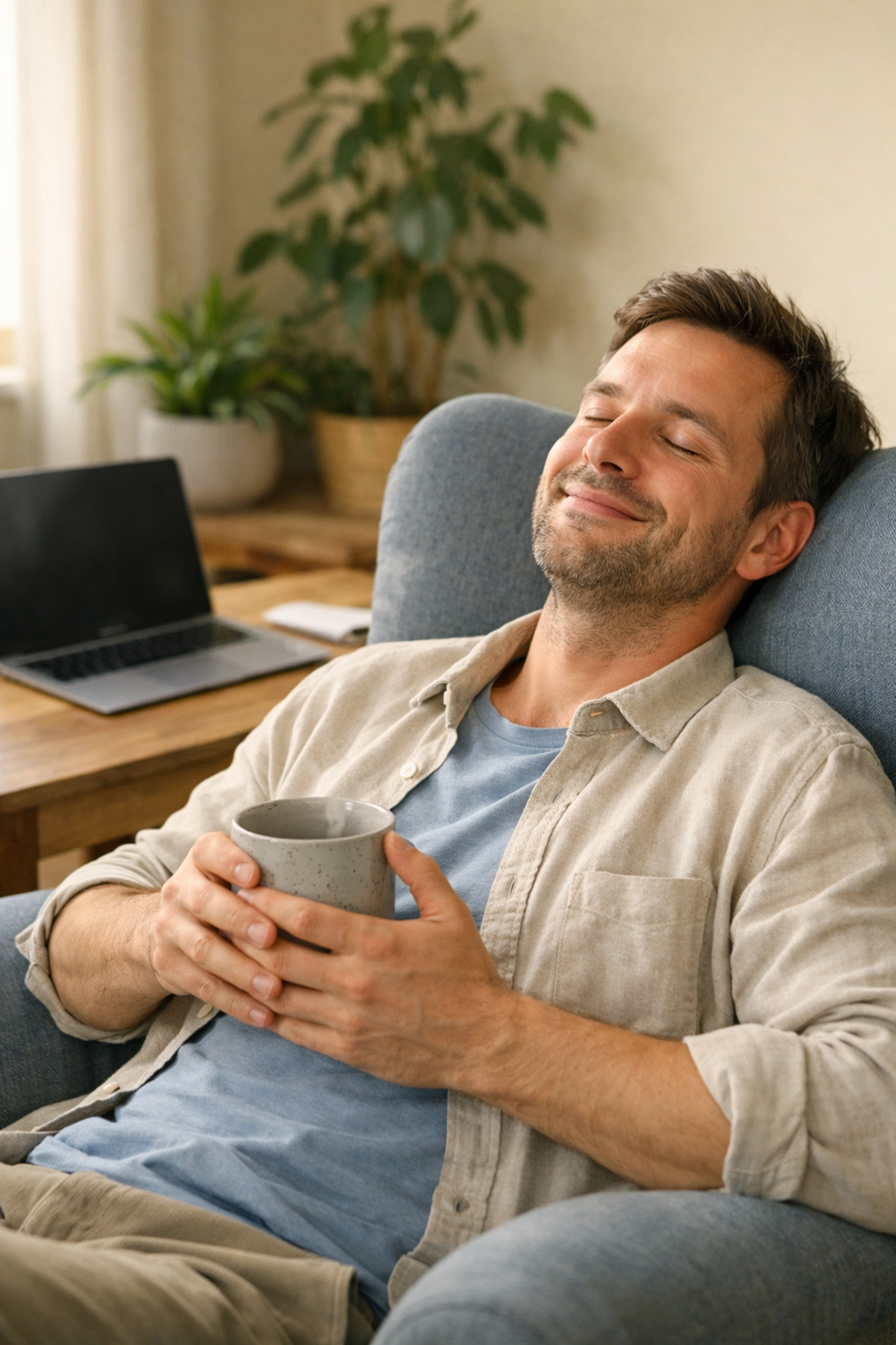 Magabiztos férfi pihen az online szexuális tanácsadás és konzultáció után.