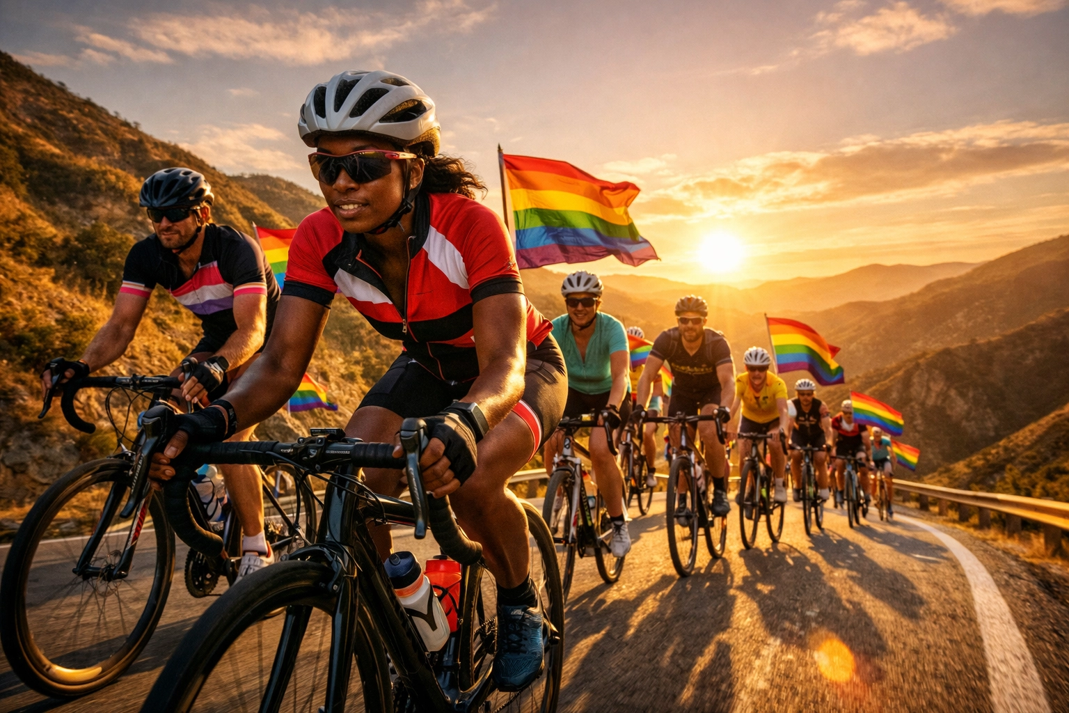 LGBTQ+ cyclists riding together on mountain road with rainbow pride flags at sunset