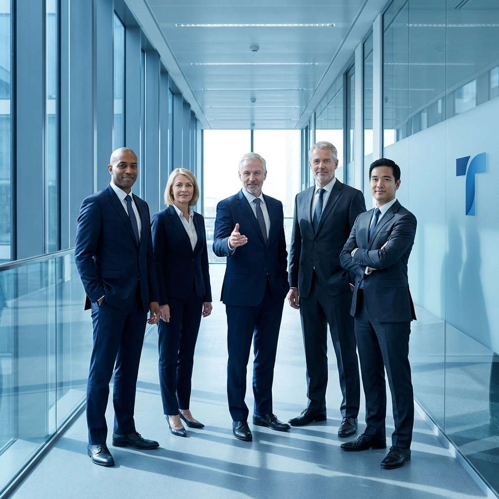 Diverse leadership team collaborating in a glass office, representing critical roles in SAP change management