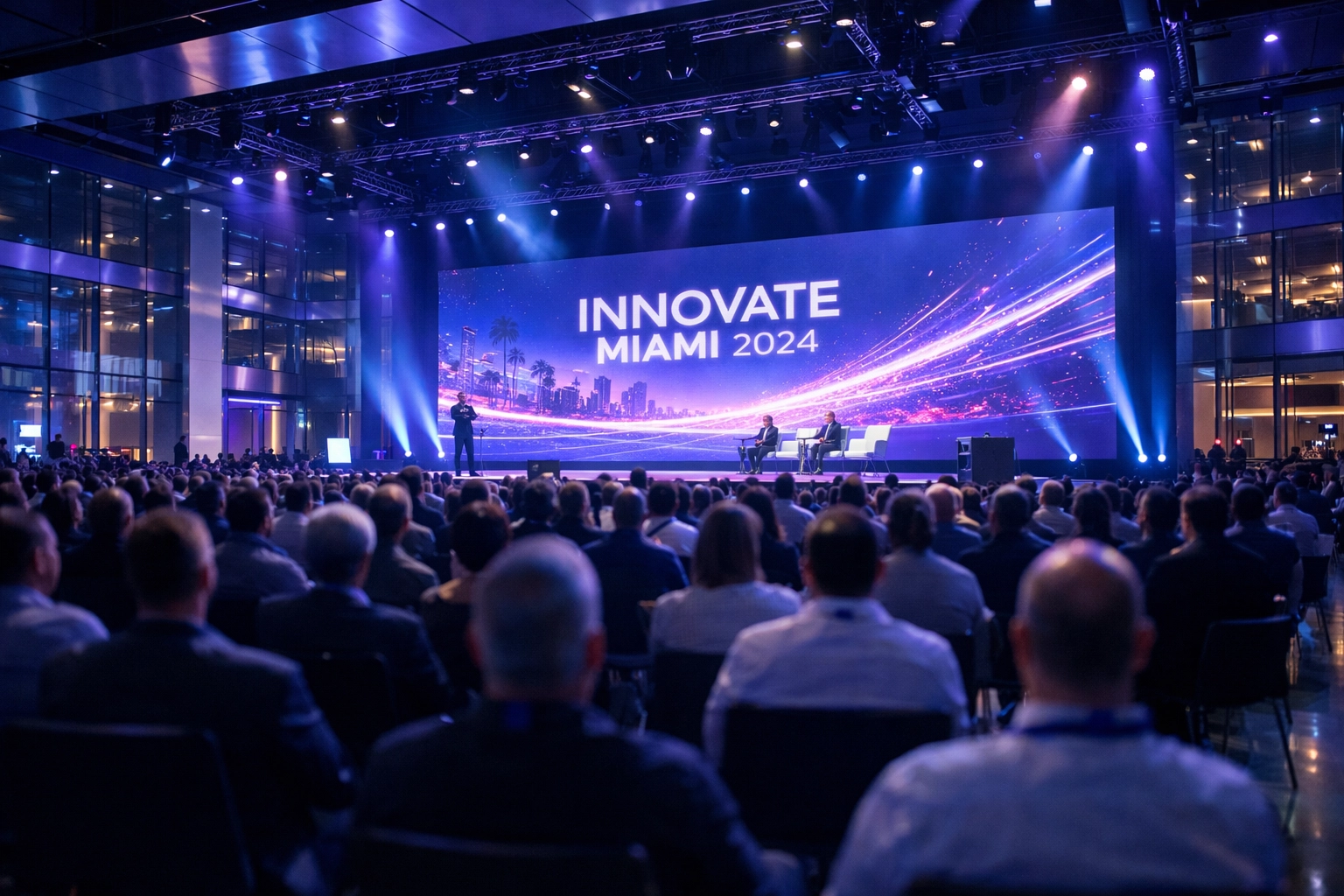 Corporate conference photographer capturing a tech event in a modern Miami convention hall.