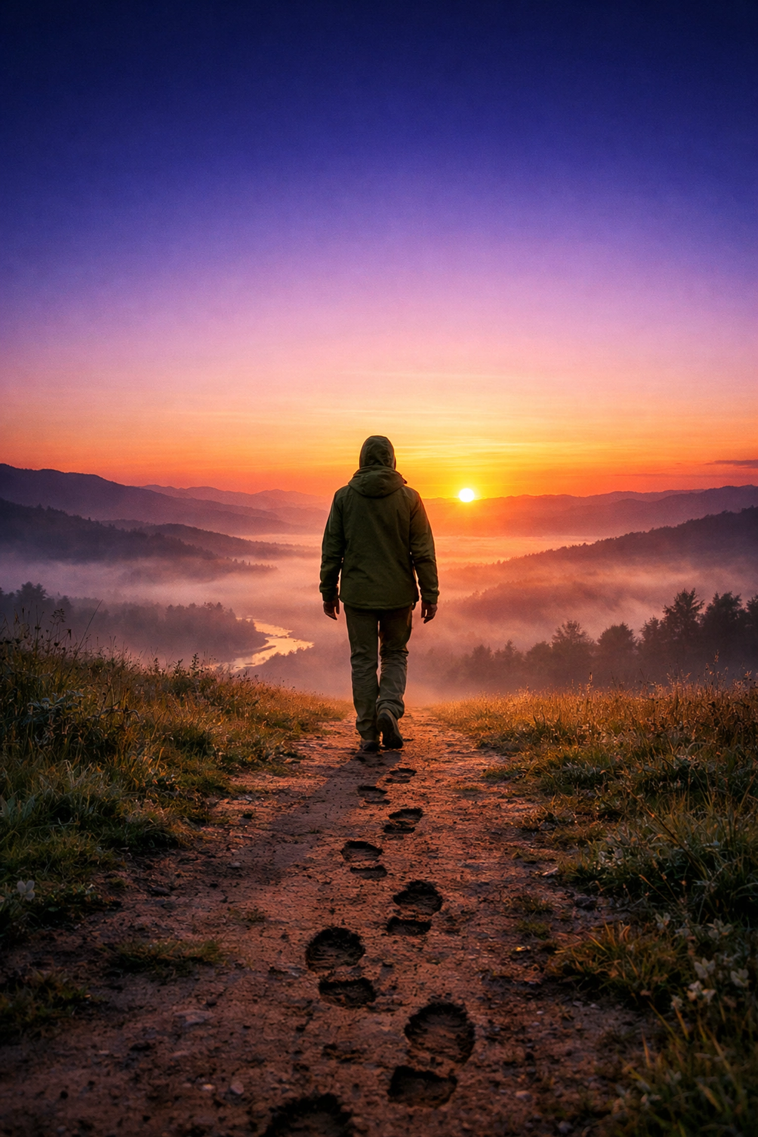 Person walking toward a sunrise, symbolizing overcoming past guilt and finding spiritual freedom.