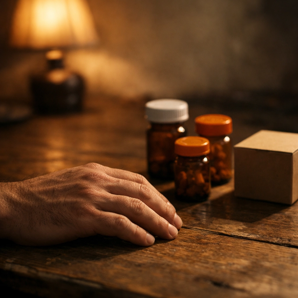 Bizonytalan eredetű potencianövelő készítmények és gyógyszeres üvegek egy asztalon.