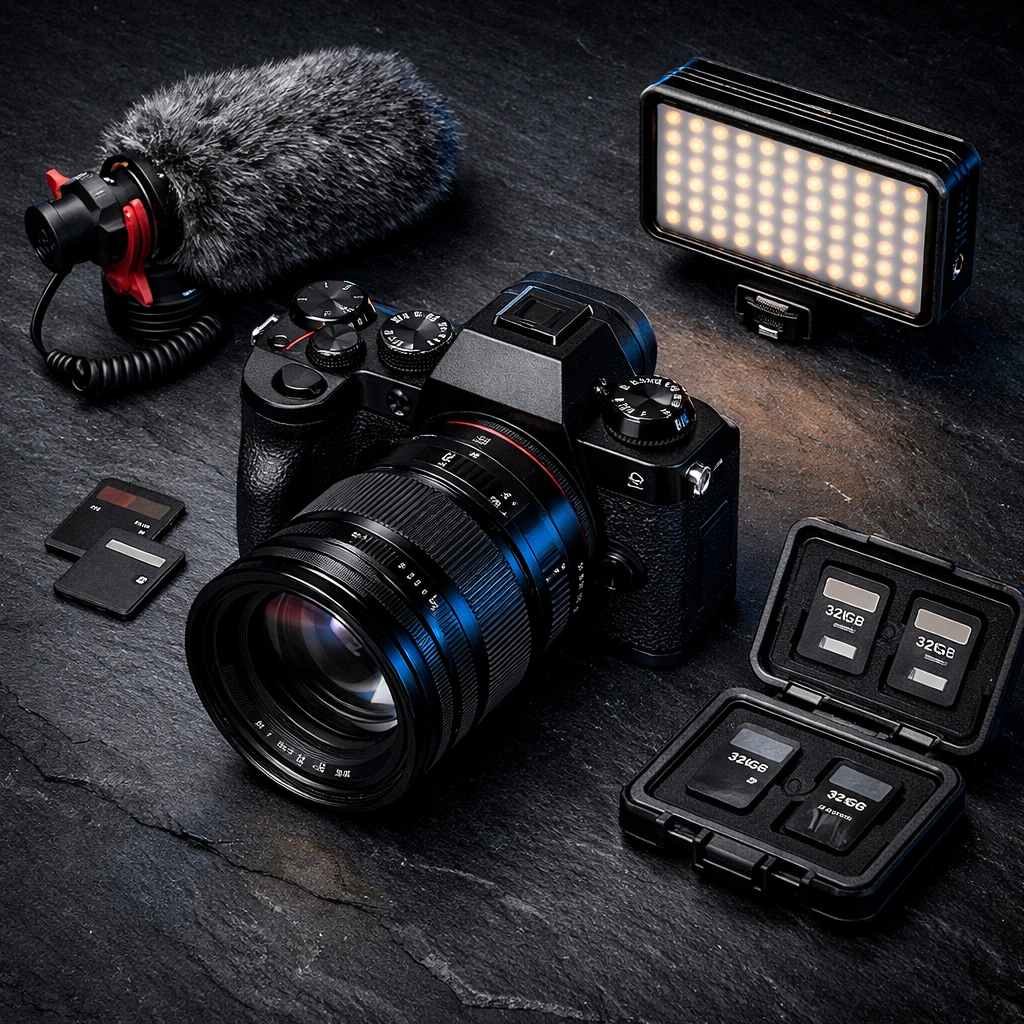 Essential hybrid photography gear layout including a mirrorless camera, microphone, and LED lighting.