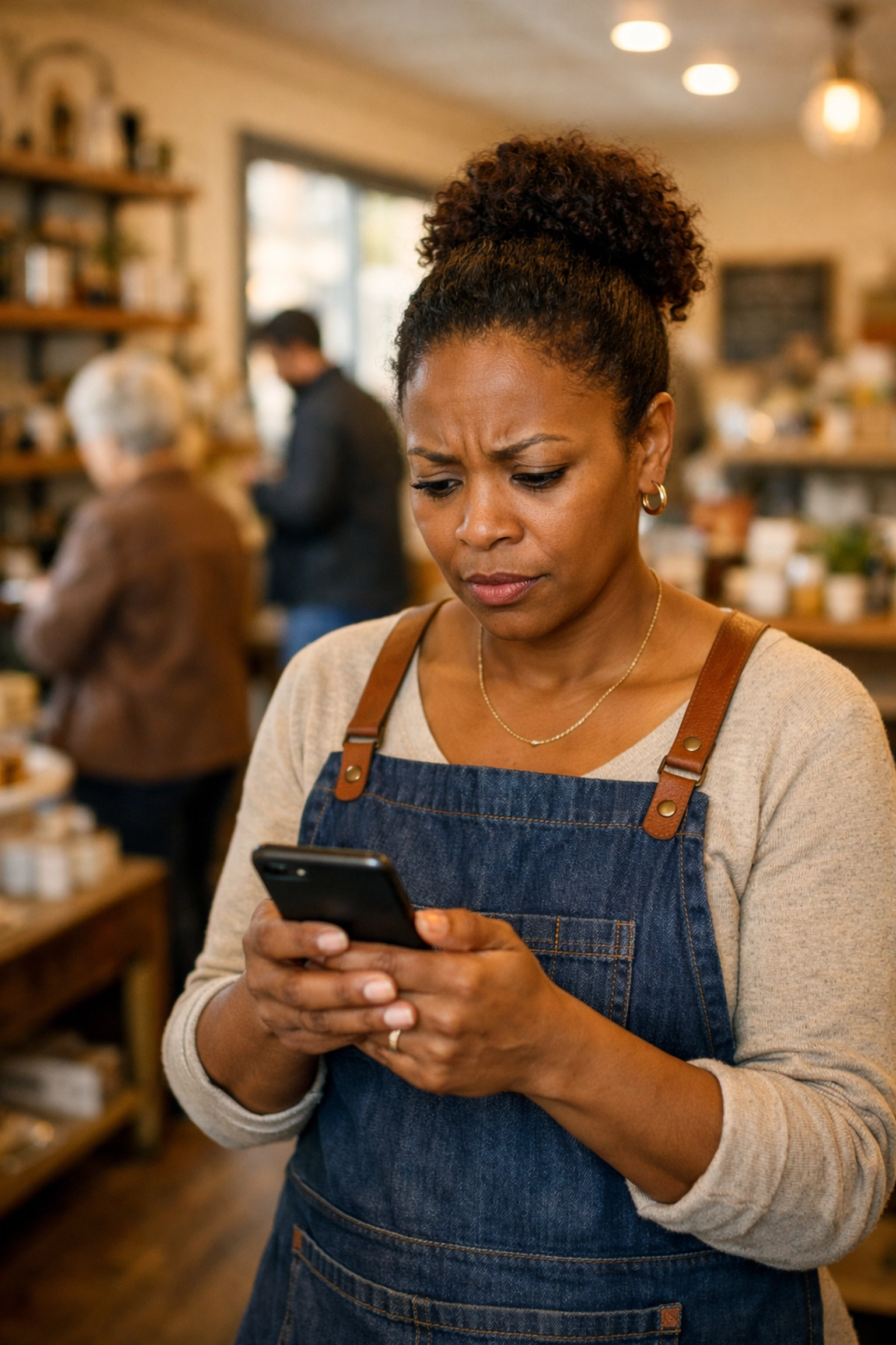 Black retail shop owner checking phone while managing store alone without follow-up tools