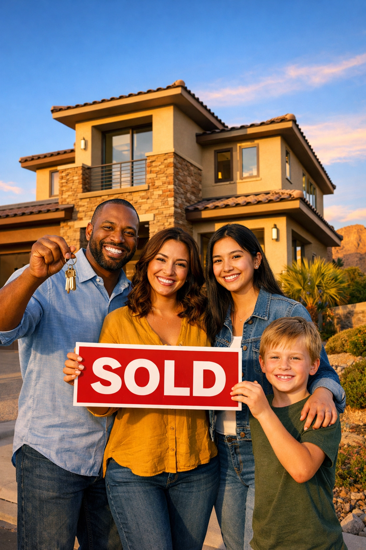 Diverse family celebrating home purchase with sold sign in front of Las Vegas home