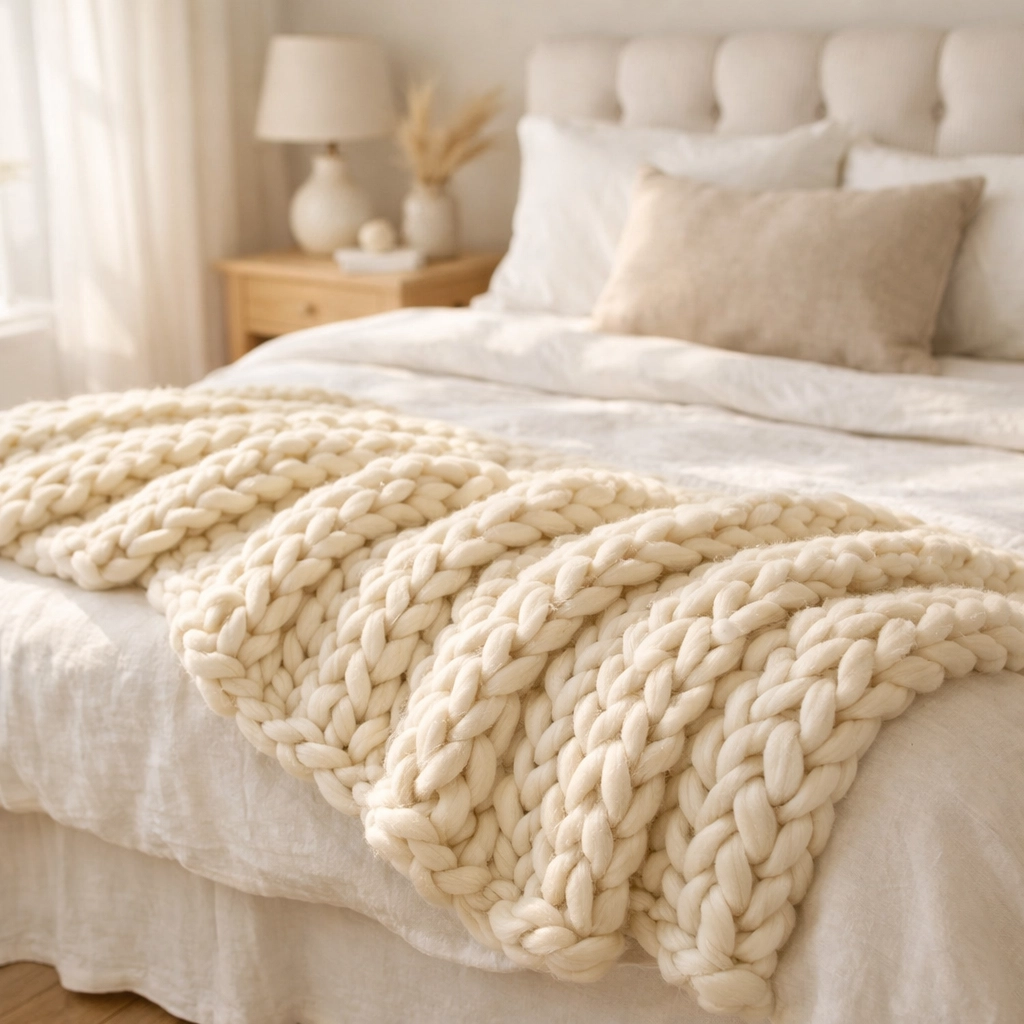 Chunky cream knit throw blanket draped on white bed for cozy bedroom decor