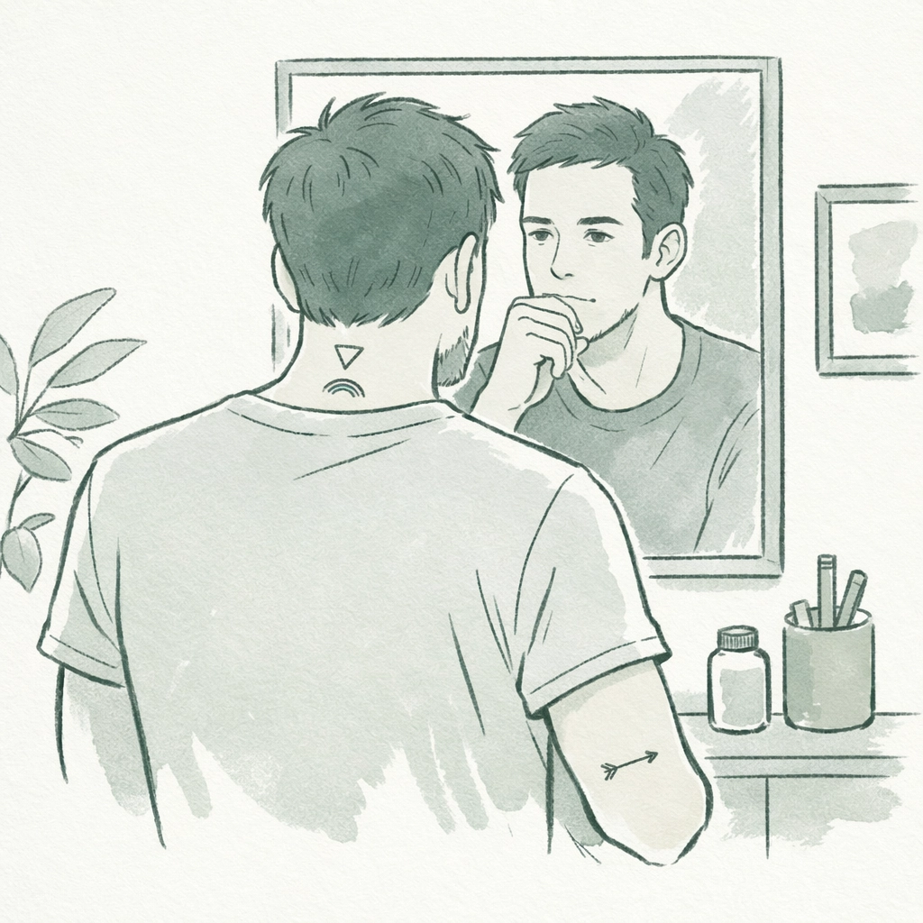 Gay man reflecting on identity with visible minimalist tattoos on neck and forearm