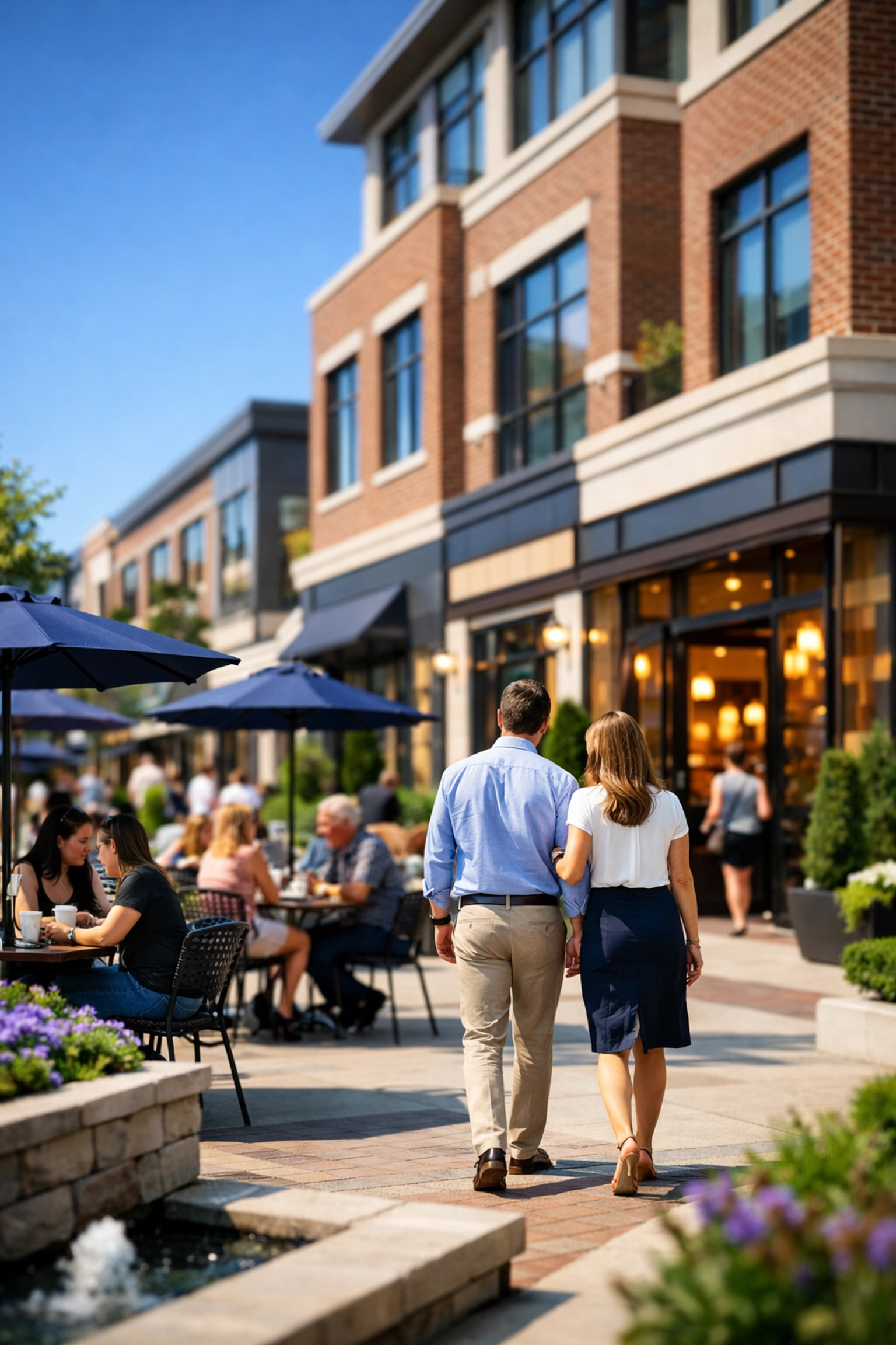 Vibrant Northwest Suburb town center plaza illustrating economic growth in the 2026 Chicago real estate market.