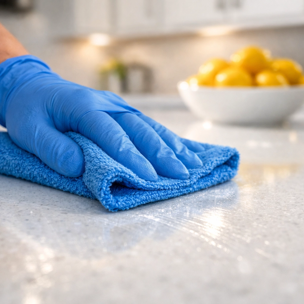 Professional cleaning of a white quartz kitchen island using a microfiber cloth for a streak-free finish.