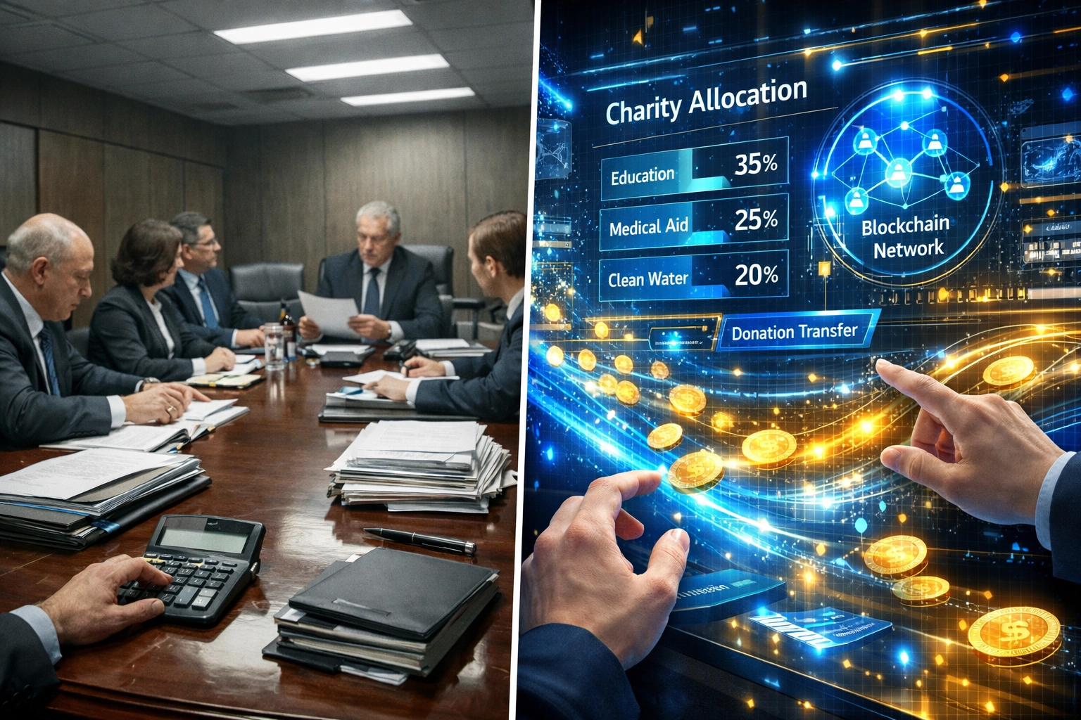 Traditional payment processing versus Larecoin's blockchain-based charitable allocation system