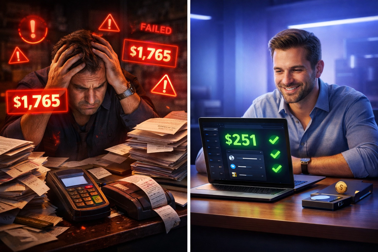 Merchant fee comparison: traditional processing $1,765 monthly versus crypto payments $251 savings