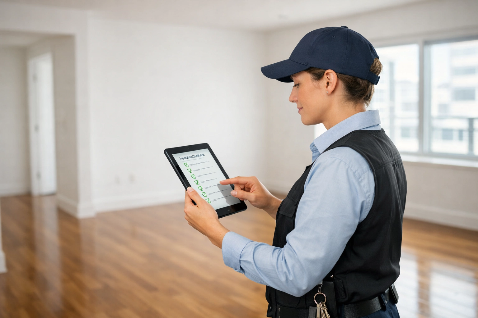 Property manager using tablet checklist in vacant apartment unit for turnover coordination