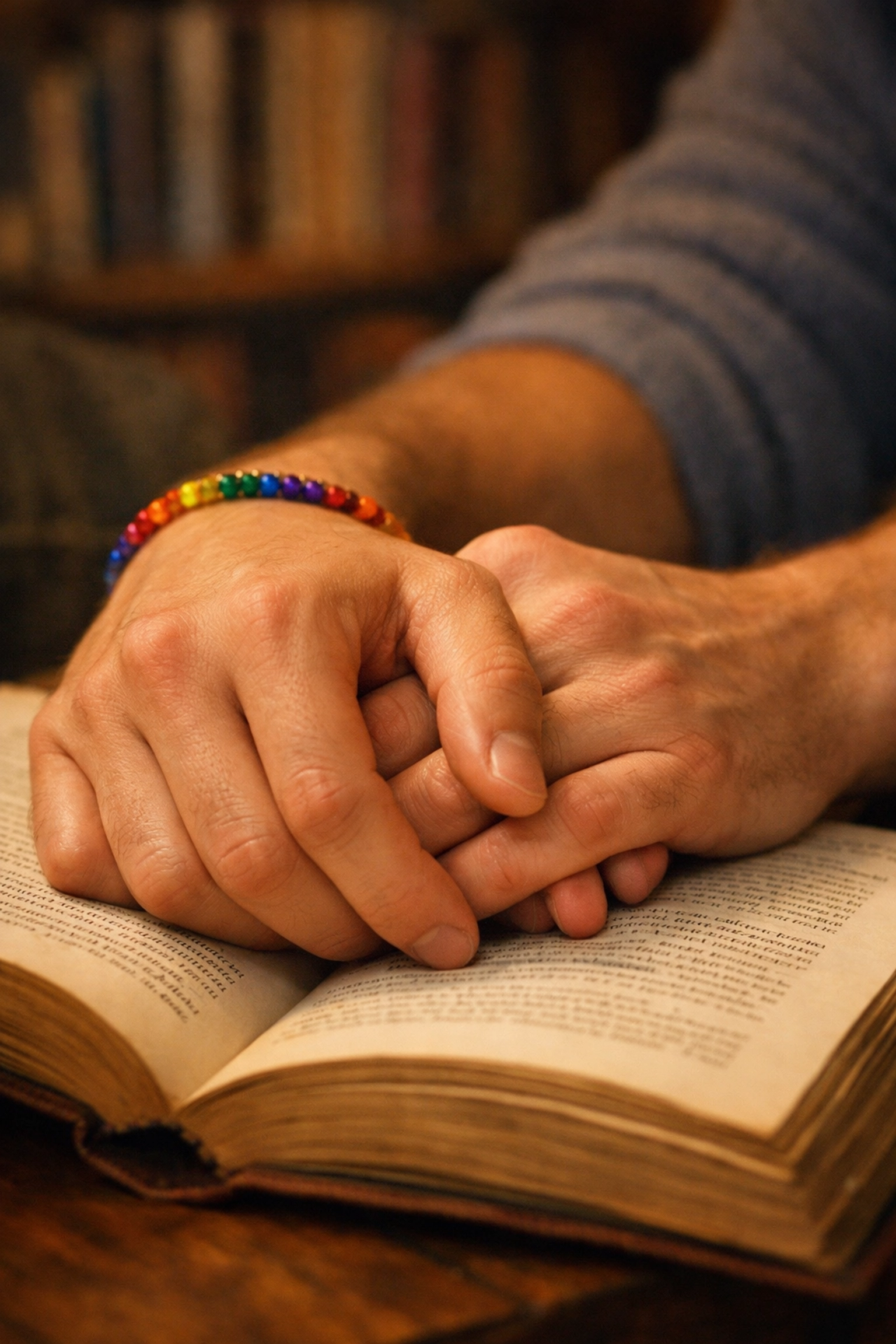 Two men's hands intertwined over a book, showing how the best MM romance books of 2026 offer spiritual healing.