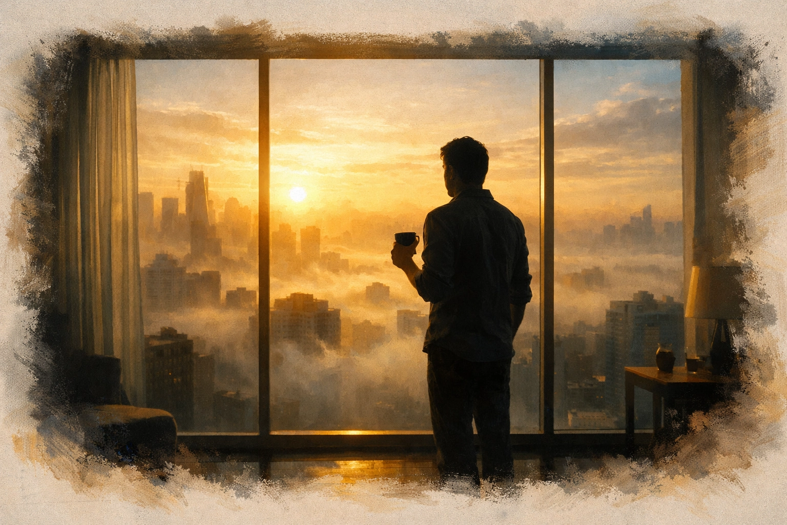 Man at apartment window contemplating spiritual journey at sunrise with city view below