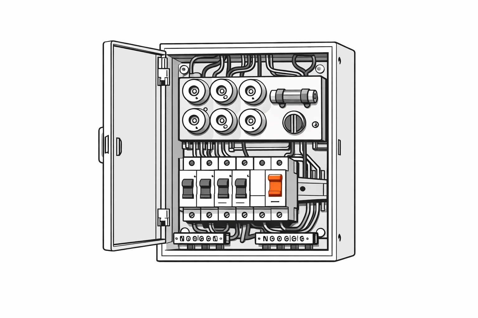 Offener Verteilerkasten im Wiener Altbau mit alten Sicherungen und modernen Leitungsschutzschaltern.