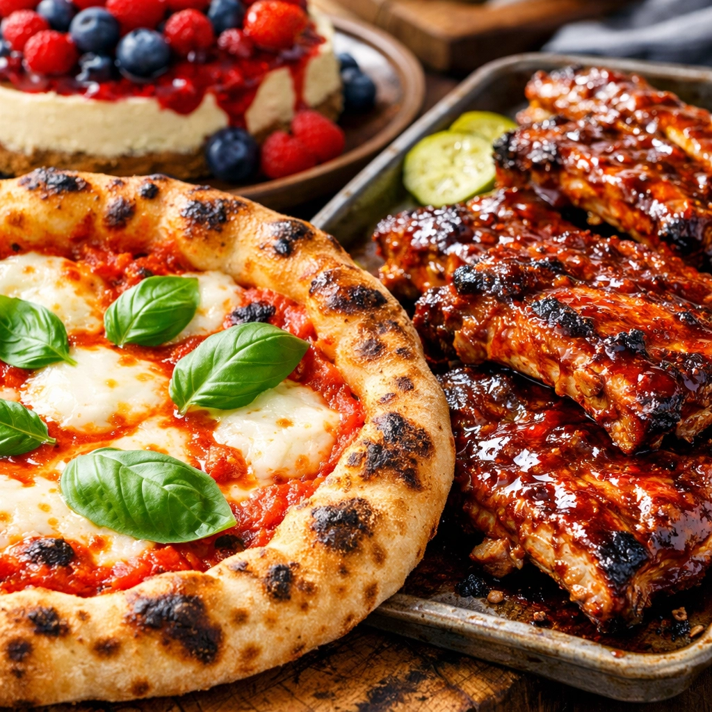 Fresh wood-fired pizza and glazed BBQ ribs showcasing Utah's best food truck catering menu options.