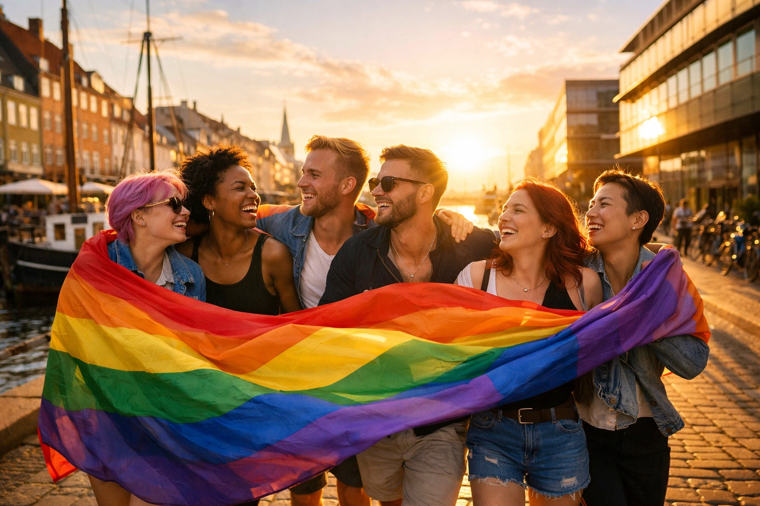 A diverse group celebrates at a modern Nordic Pride event, highlighting the legacy of 1980s LGBTQ activism.