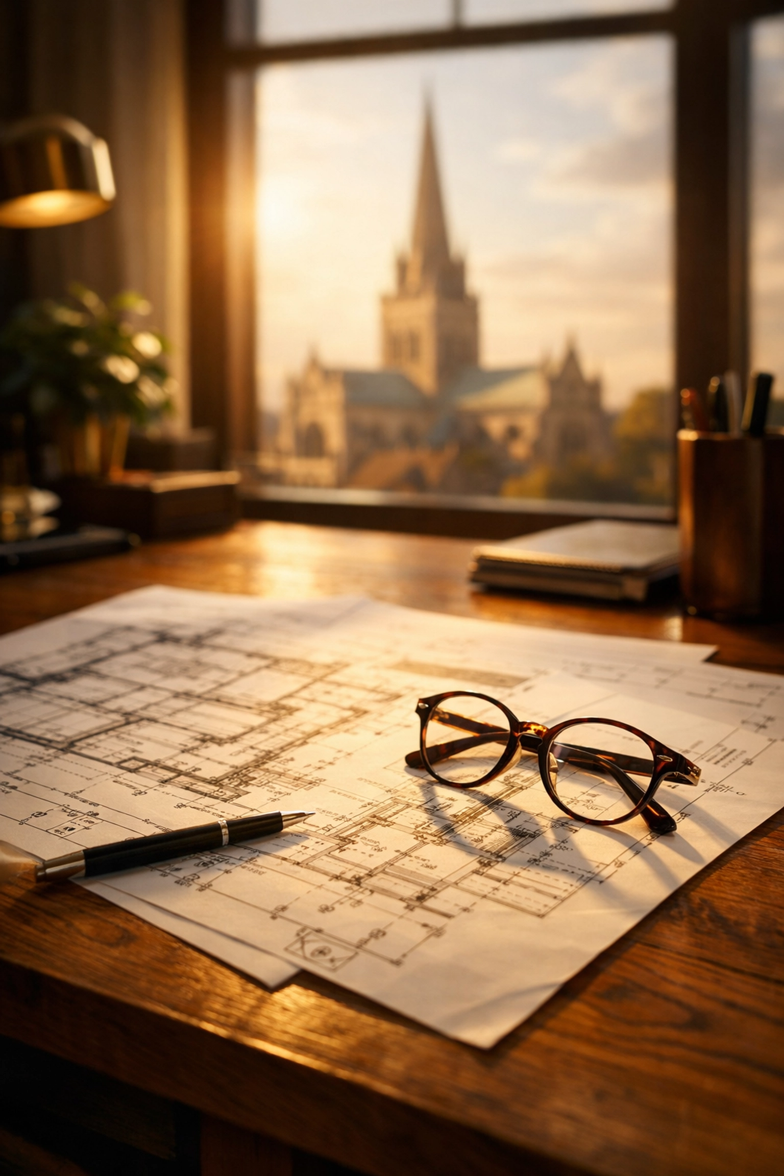 Detailed architectural renovation plans for a heritage home with a view of Chichester Cathedral.