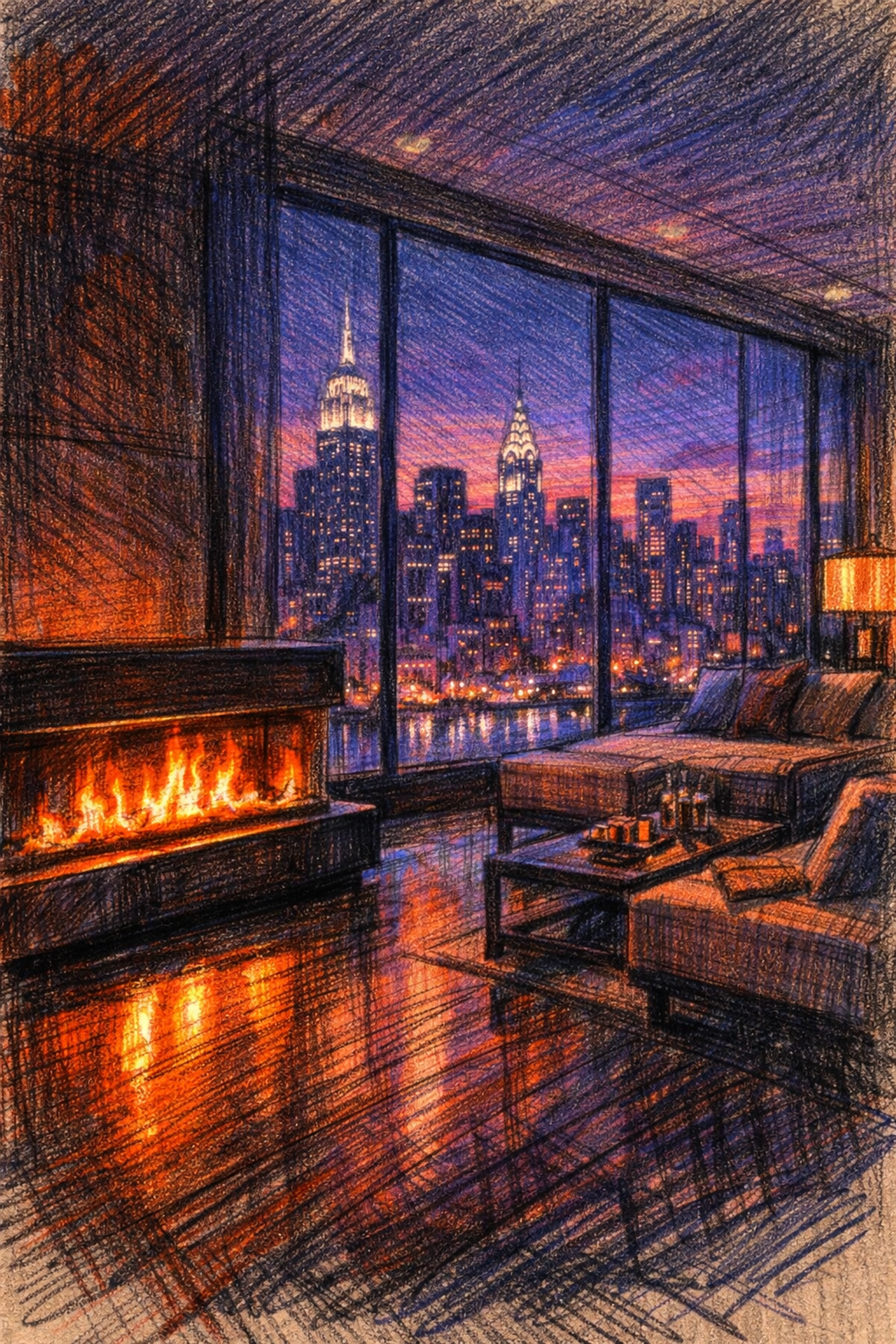 Modern luxury hotel suite in New York City featuring a fireplace and Manhattan skyline view.