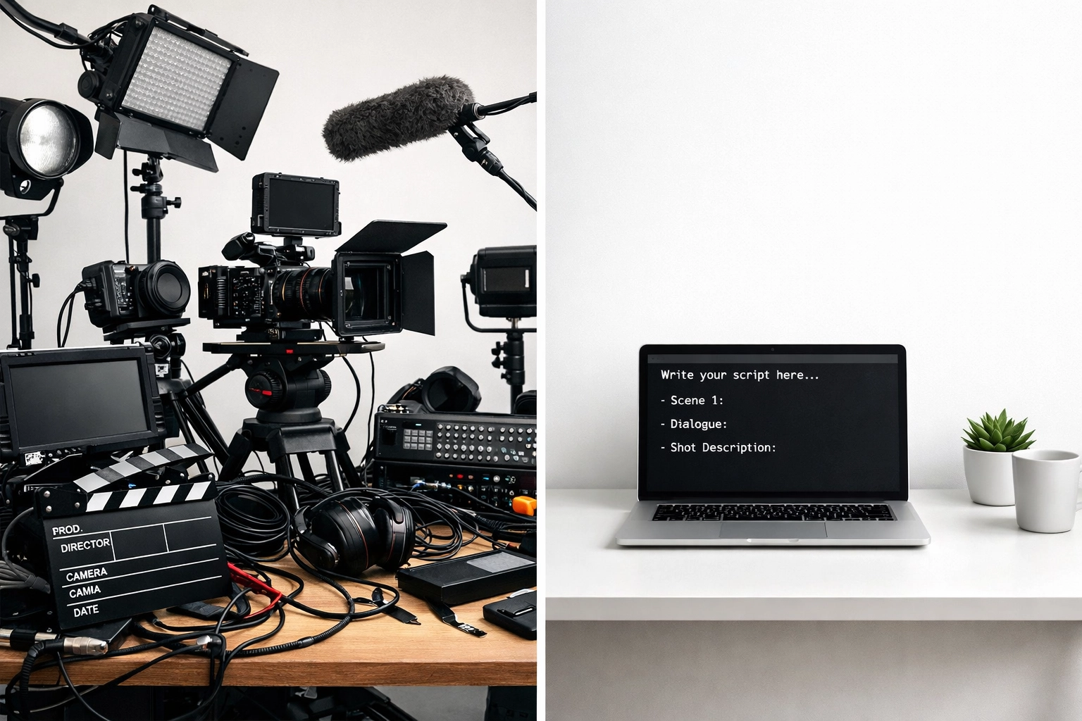 Traditional video production equipment versus simple laptop text-to-video setup