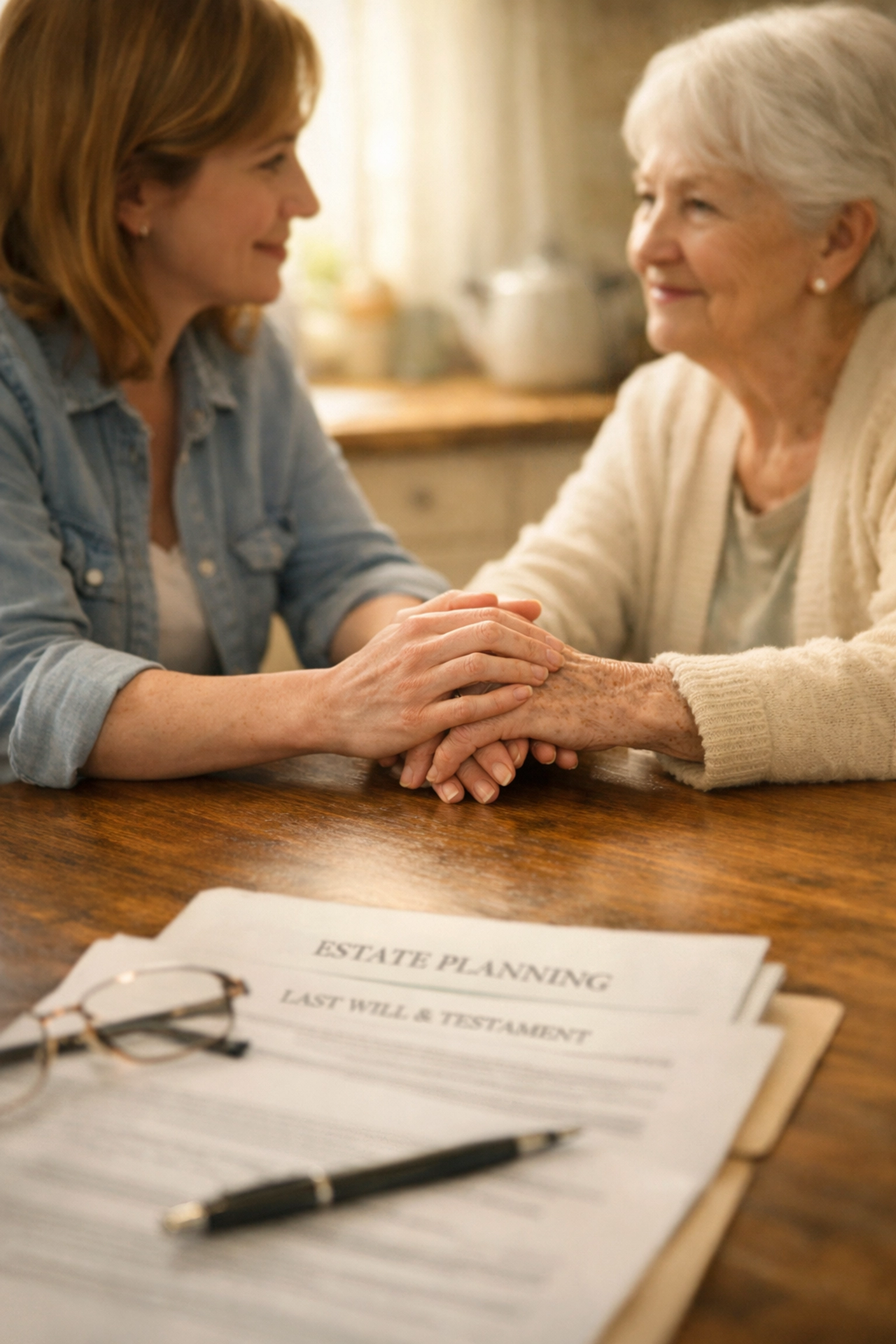 Adult daughter holding elderly mother's hand with estate planning documents on table
