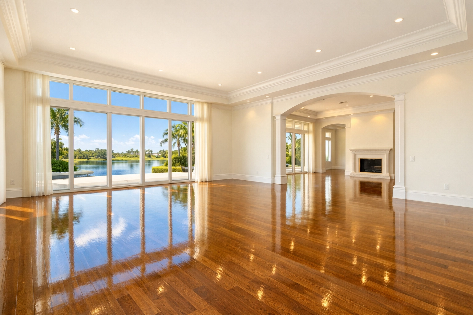 Pristine living room after move-out House Cleaning Weston MA, featuring sanitized hardwood floors.