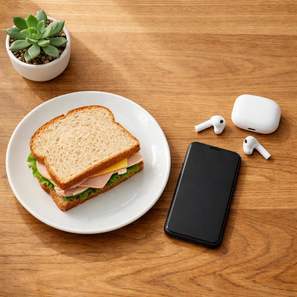 Peaceful lunch break setup with phone face-down, promoting intentional midday news consumption