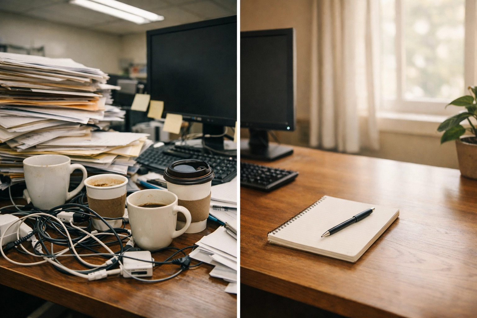 Before and after comparison of chaotic versus organized medical practice office desk