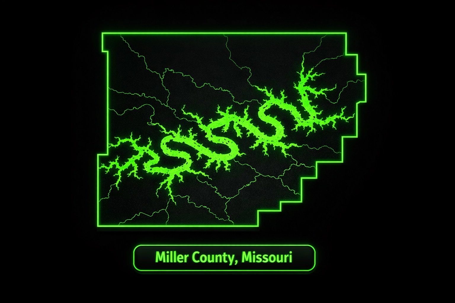 Digital map of Miller County Missouri and Lake of the Ozarks for local pest control services.