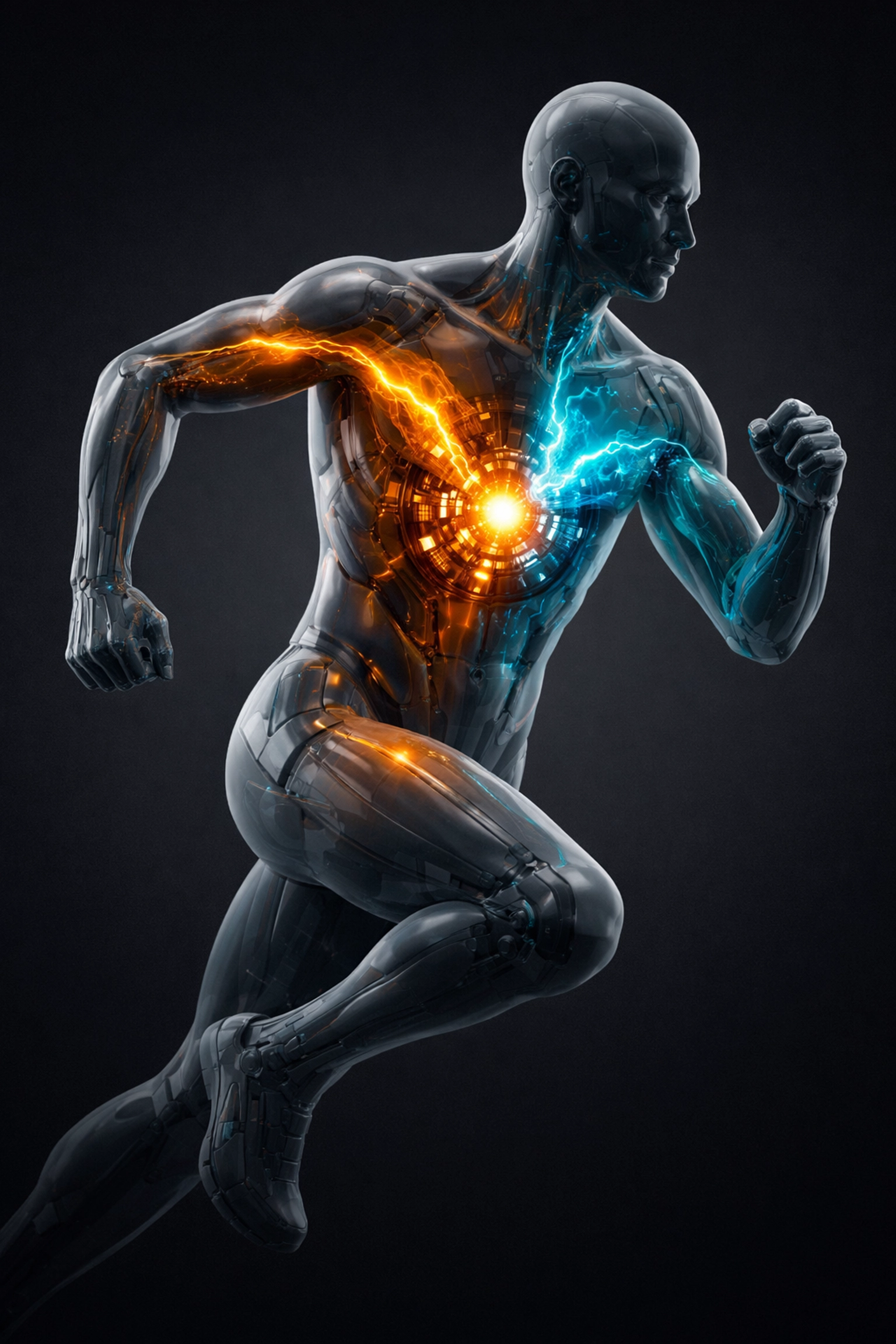 A runner's metabolic engine switching between fat and carbohydrate fuel sources during exercise.