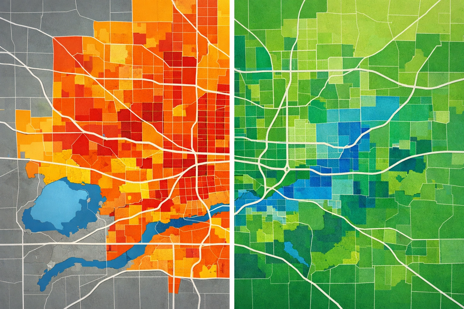 Split view comparing poor local rankings in red zones versus improved green zone performance