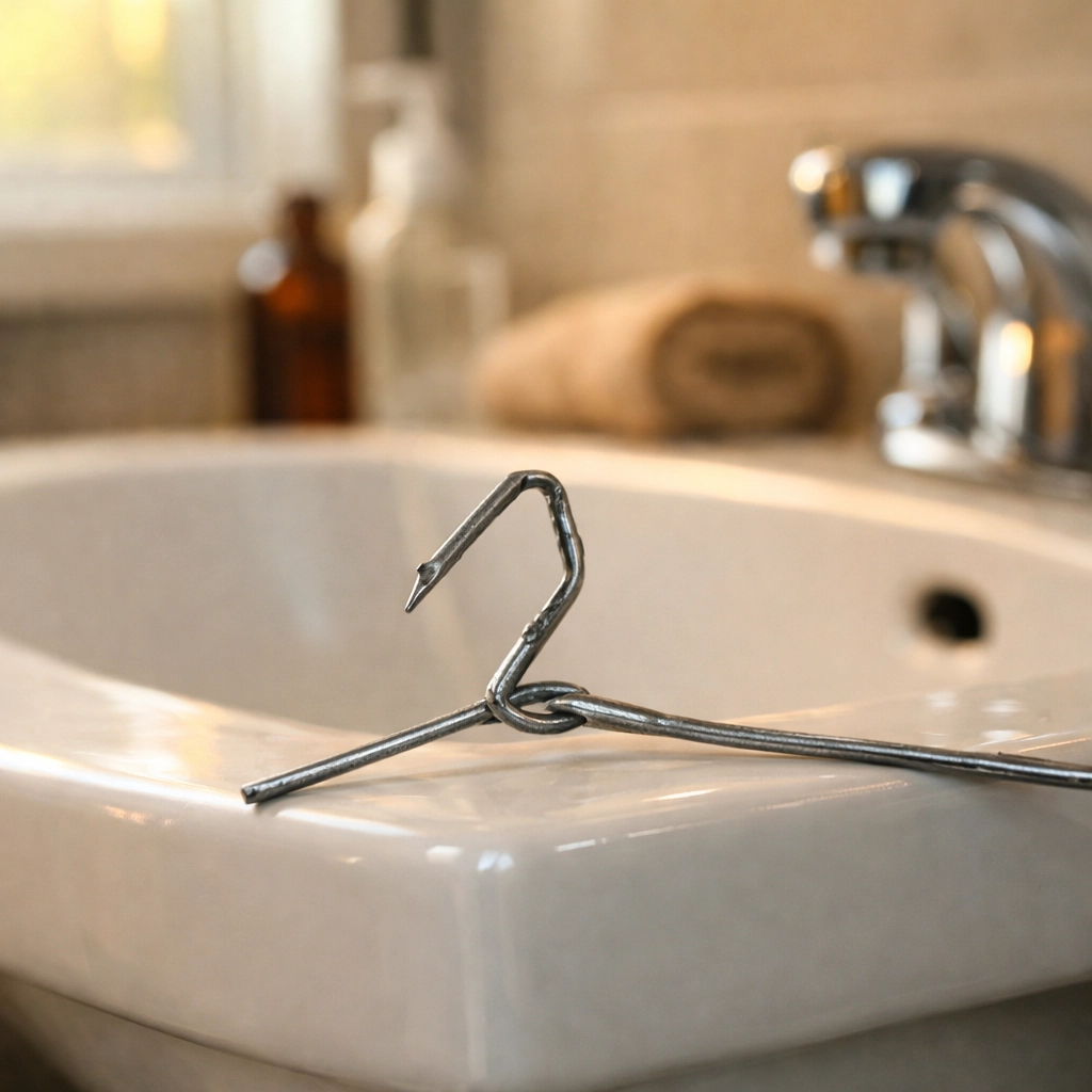 A bent wire coat hanger on a white sink, illustrating a common but risky DIY drain cleaning mistake.