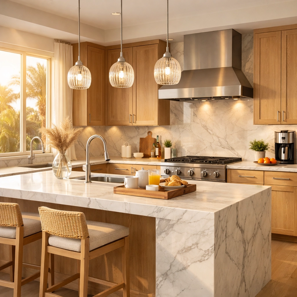 Modern kitchen remodeling Orlando featuring light oak cabinets and marble island by A&G General Services USA.
