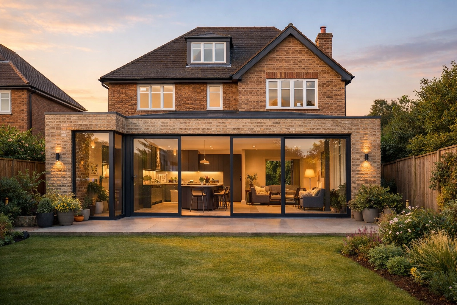Completed modern home extension in Nuneaton with glass doors and natural light