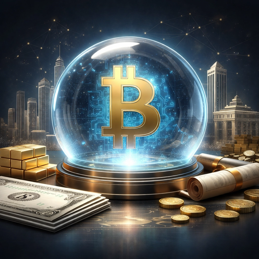 Bitcoin symbol protected among financial assets, highlighting institutional cryptocurrency integration in wealth management