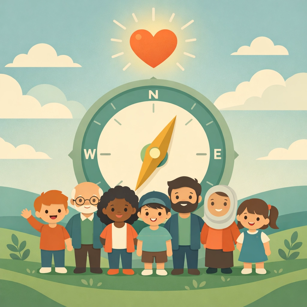 Cartoon people find spiritual direction around a heart-pointing compass during a Sunday service in Green River, WY.