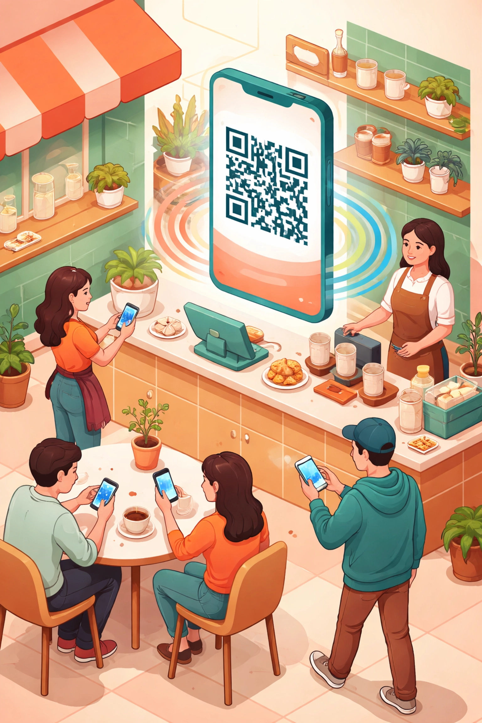 Small business storefront scene with customers using QR code crypto payments highlights modern POS solutions.