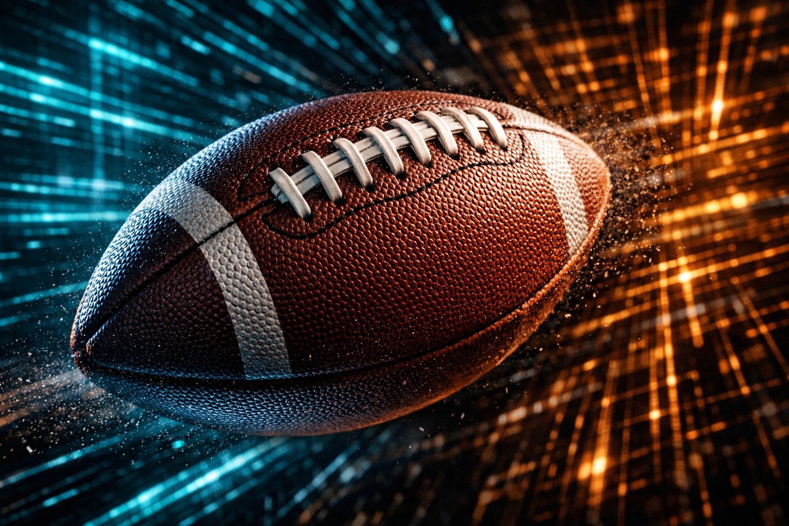 Football flying through a digital grid representing the intersection of high-performance sports and marketing technology.